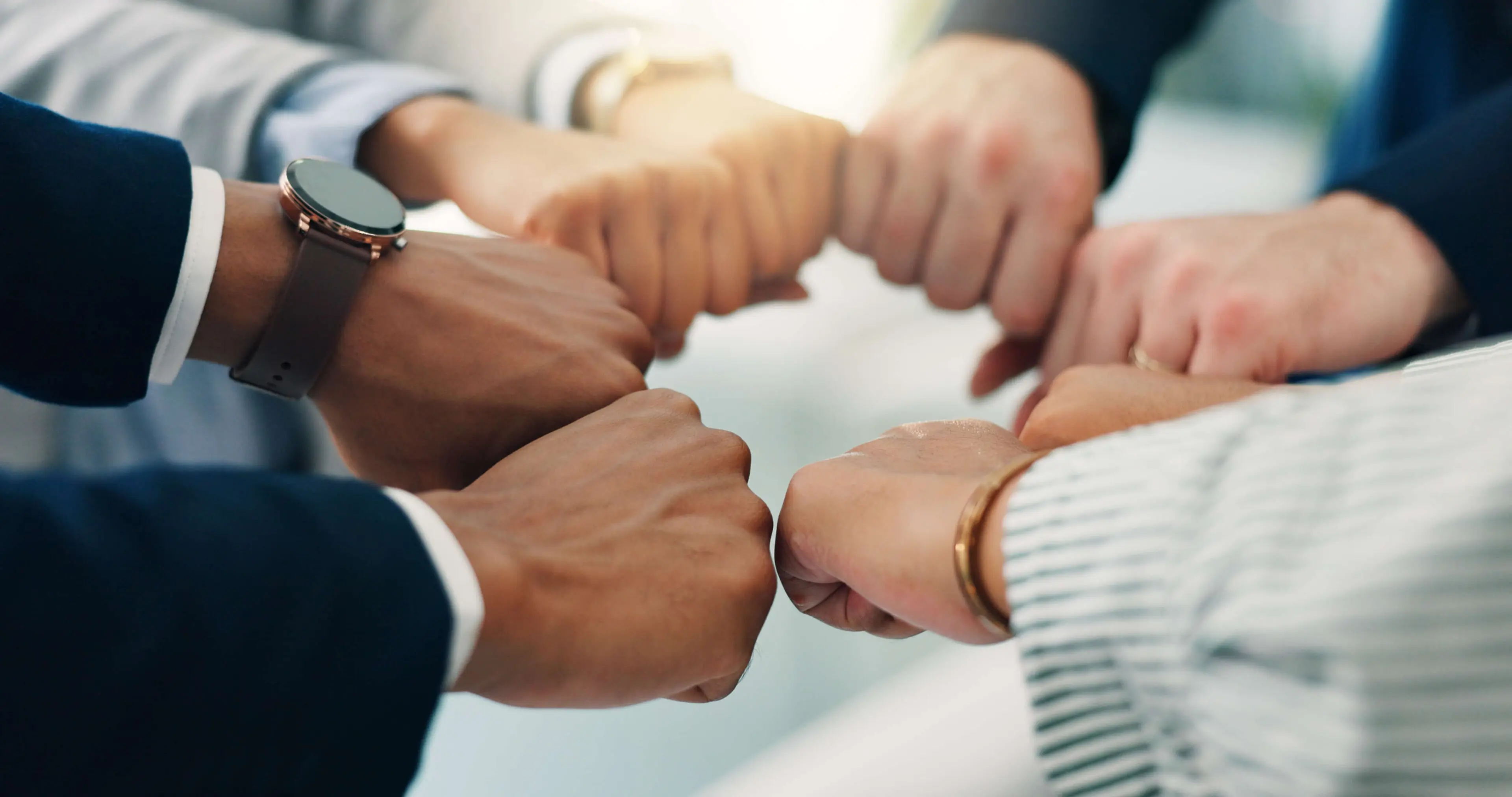 Group fist bump showing teamwork and unity.